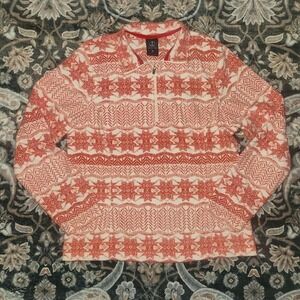 Lands End Therma Check Fleece Pullover M Red 1/4 Zip Fair Isle Snowflake Holiday